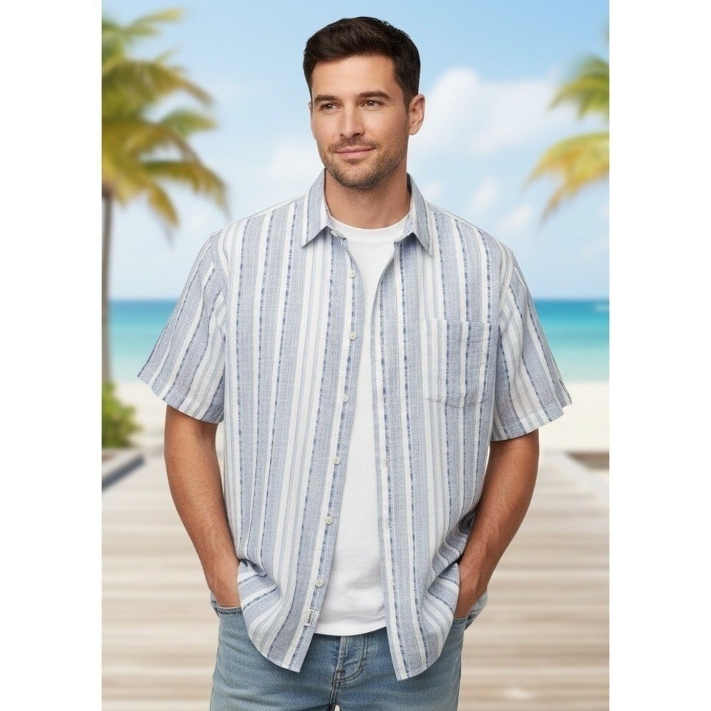 Reunion Menswear Linen Striped Button Down Short Sleeve Shirt Size L Coastal